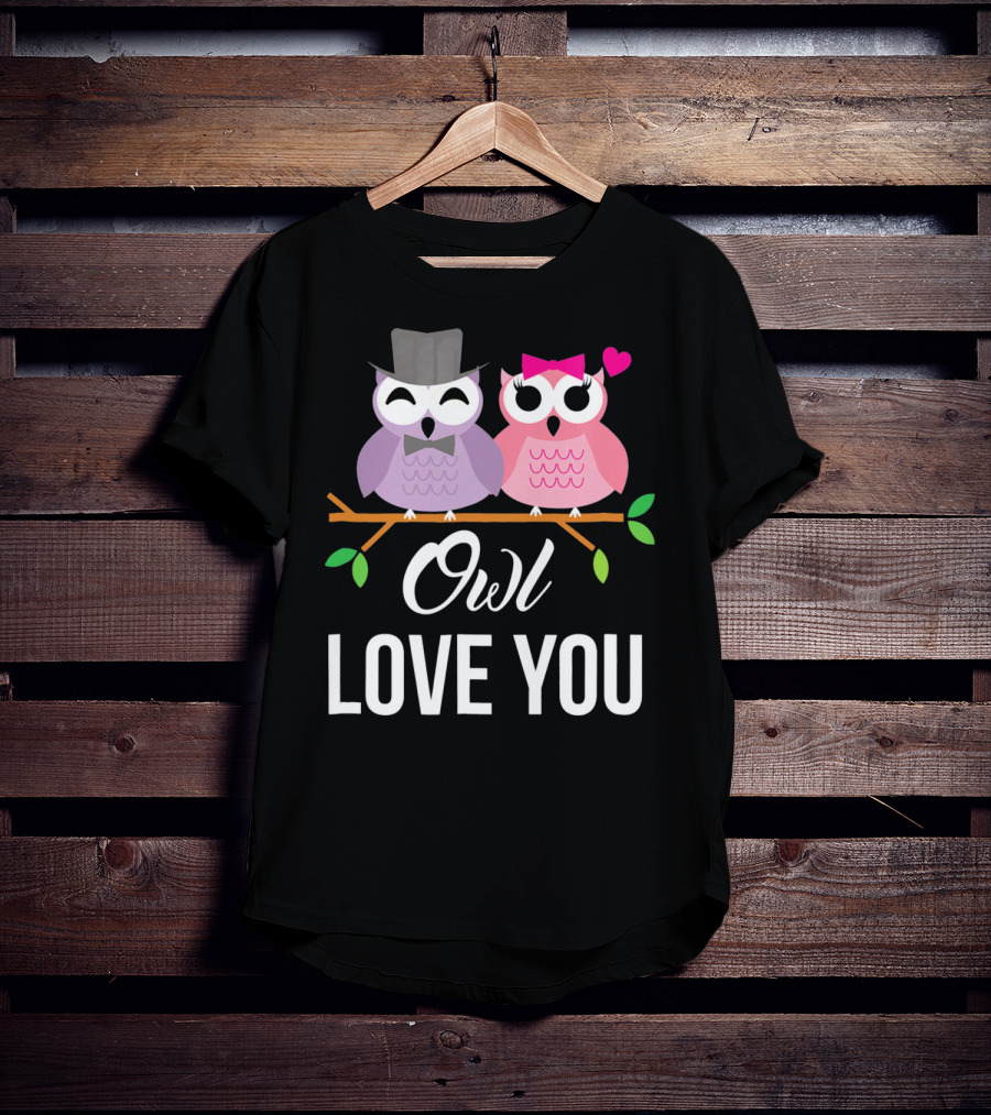 Owl Love You Valentines Pink And Purple Owls With Hats And Heart T-Shirt