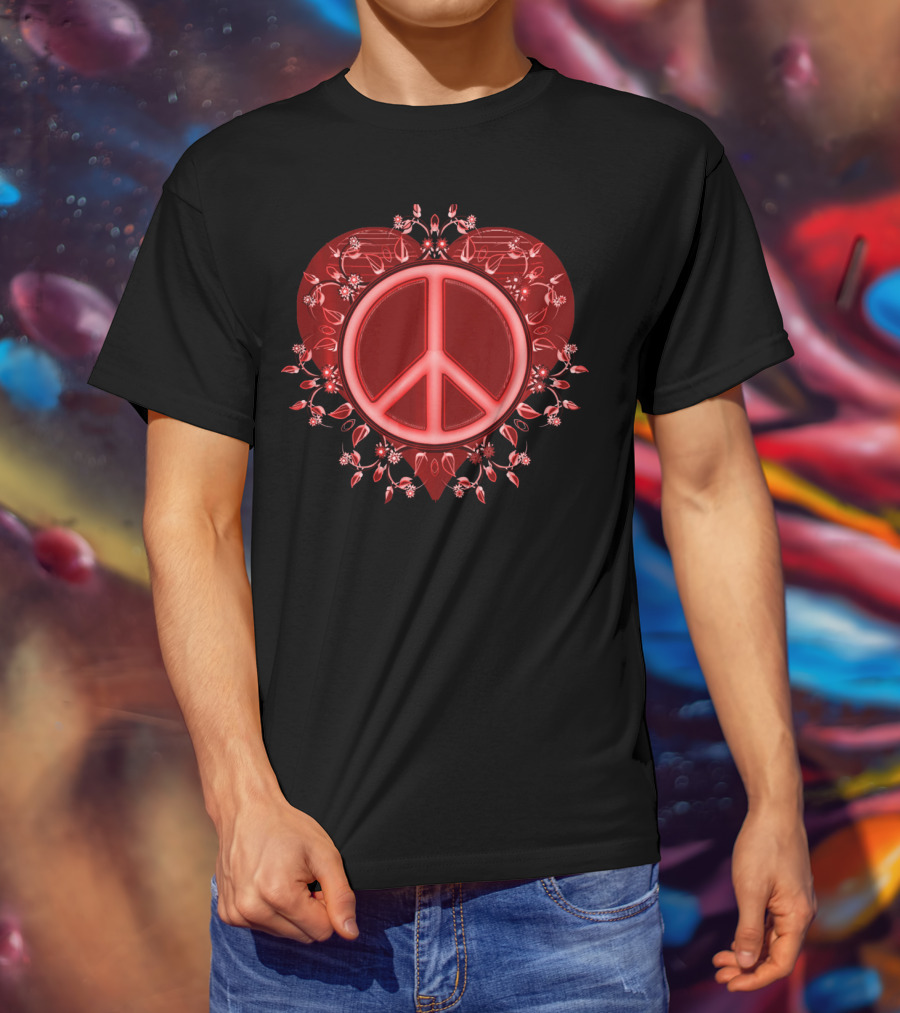 Peace Sign Heart Valentine Floral Embrace T-Shirt