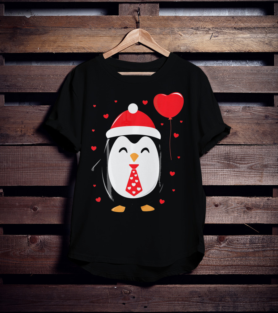 Penguin Valentines Day Heart Balloon Santa Hat And Hearts T-Shirt
