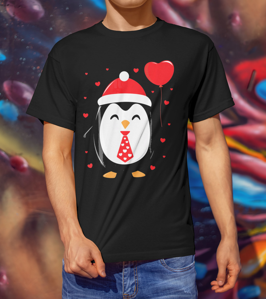 Penguin Valentines Day Heart Balloon Santa Hat And Hearts T-Shirt
