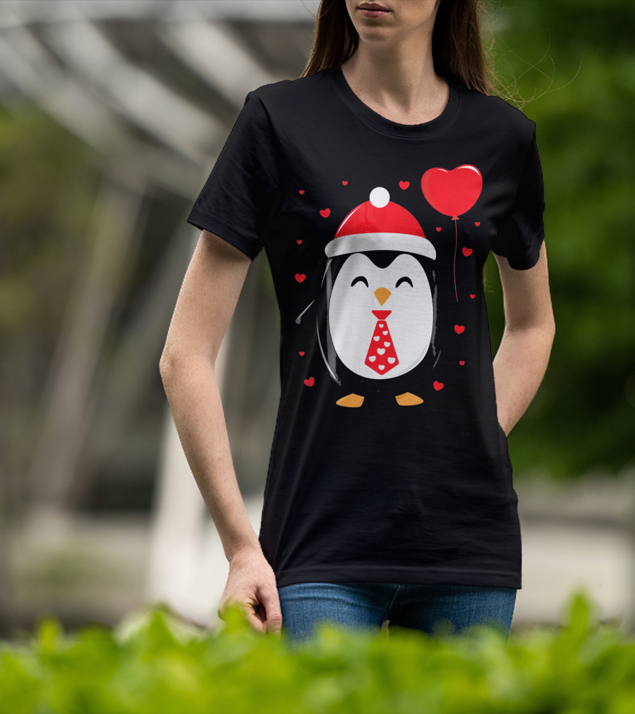Penguin Valentines Day Heart Balloon Santa Hat And Hearts T-Shirt