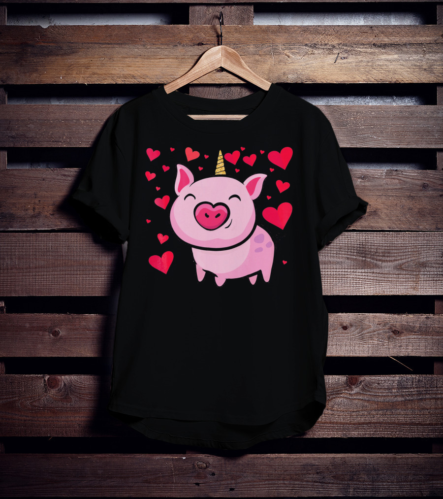 Pigacorn Valentine Unicorn Pig With Hearts For Lovers T-Shirt