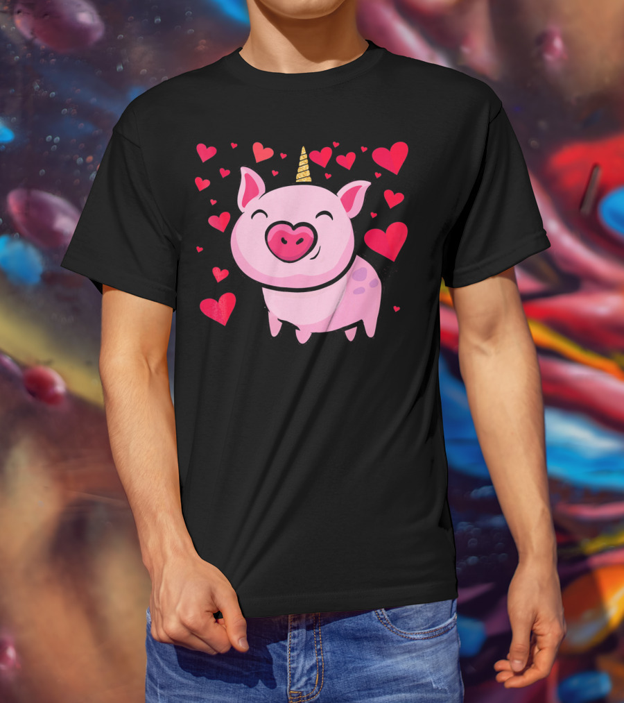 Pigacorn Valentine Unicorn Pig With Hearts For Lovers T-Shirt