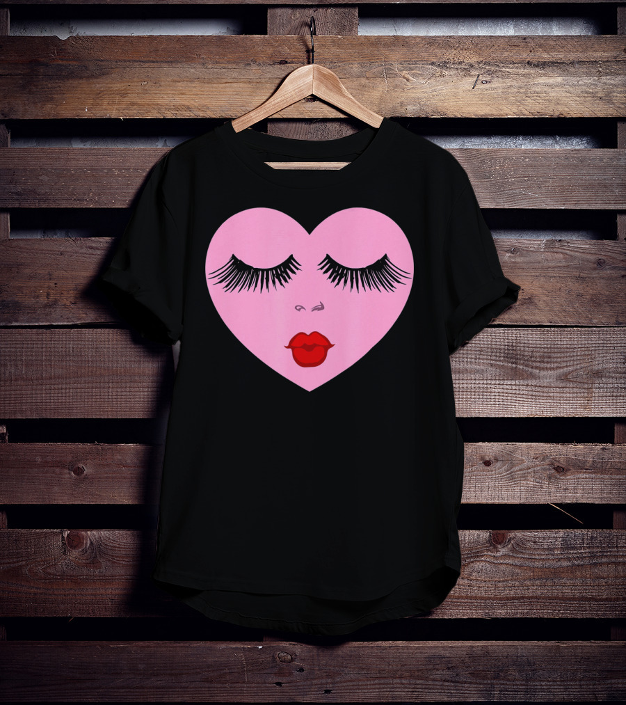Pink Heart With Eyelashes And Red Lips Valentine T-Shirt