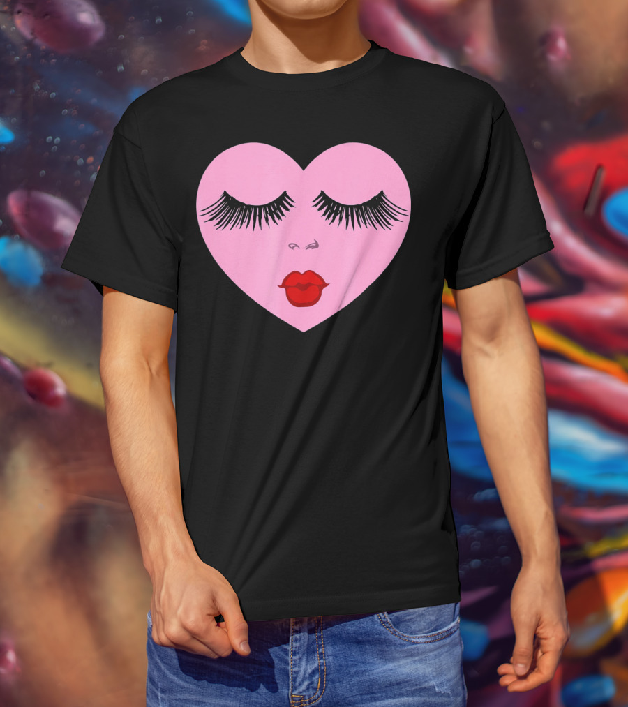 Pink Heart With Eyelashes And Red Lips Valentine T-Shirt