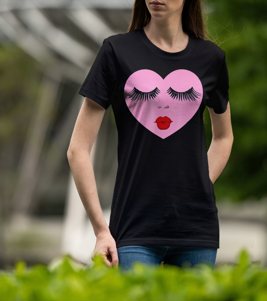 Pink Heart With Eyelashes And Red Lips Valentine T-Shirt