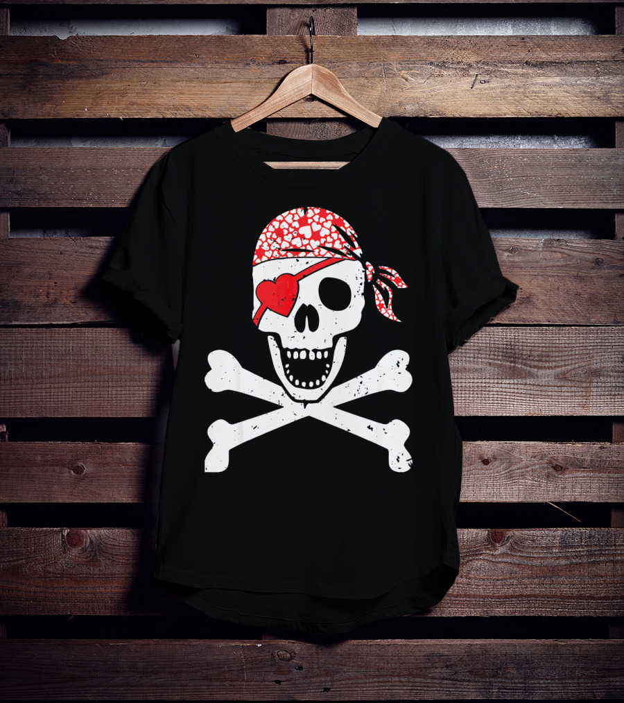 Pirate Skull And Crossbones Heart Bandana Eye Patch Flag Va T-Shirt