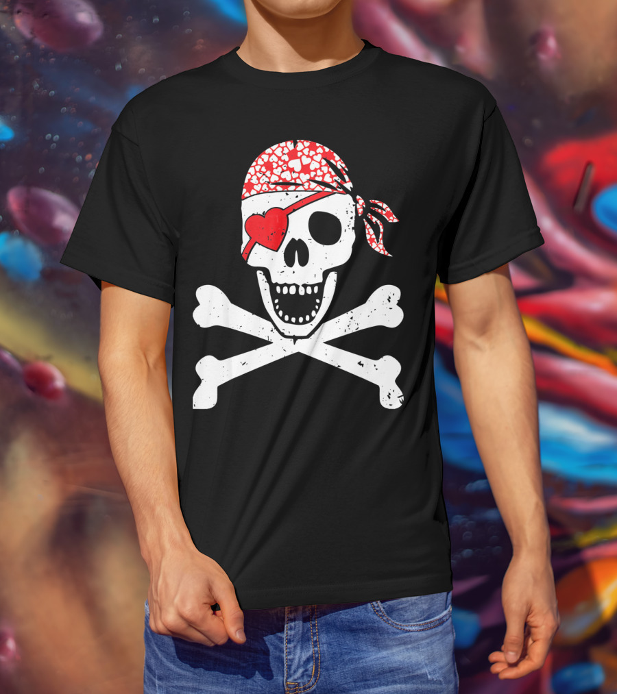 Pirate Skull And Crossbones Heart Bandana Eye Patch Flag Va T-Shirt