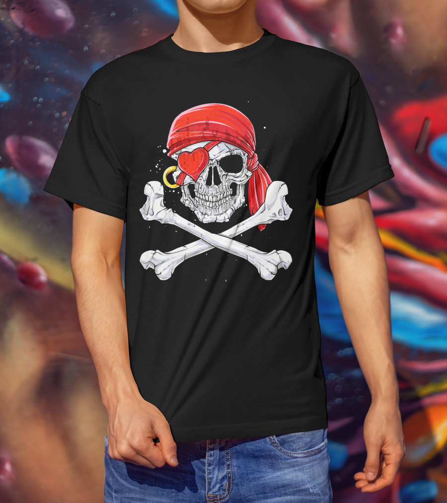 Valentine Pirate Skull With Heart Eye Patch And Crossbones T-Shirt