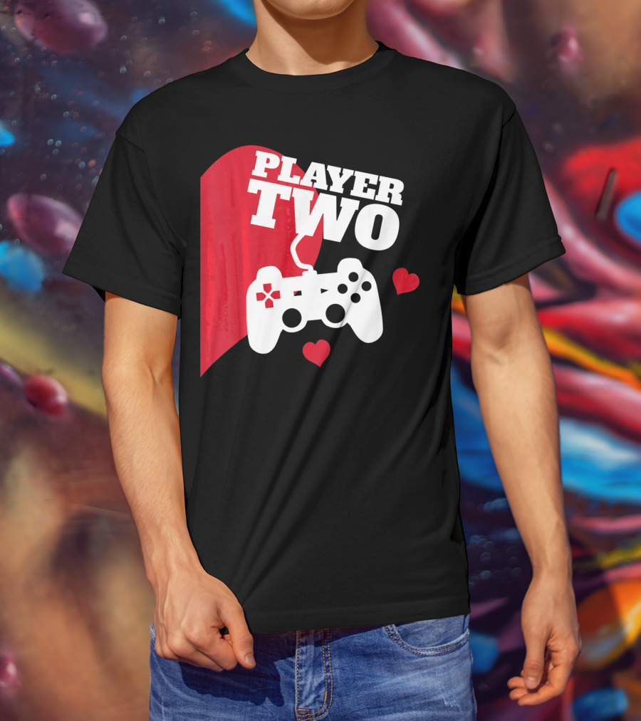 Player Two Valentine With Game Controller And Hearts T-Shirt