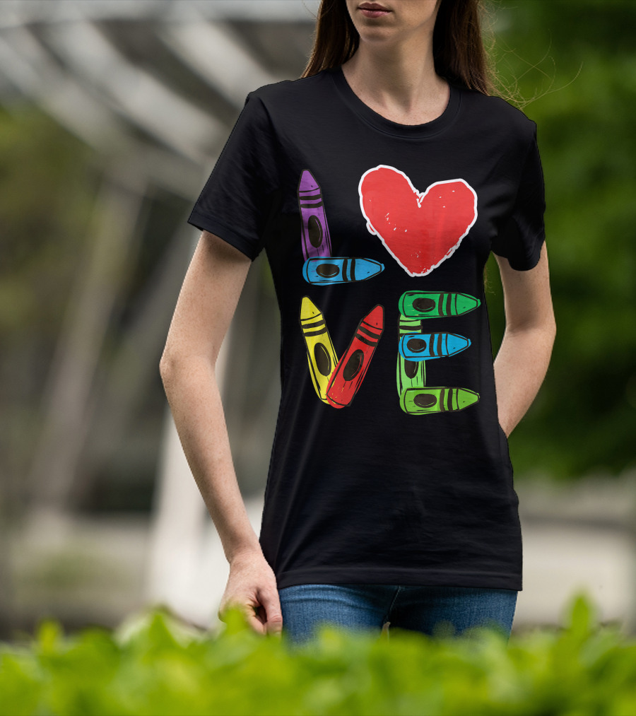 Love Crayon Heart Preschool Teacher Valentines Day T-Shirt