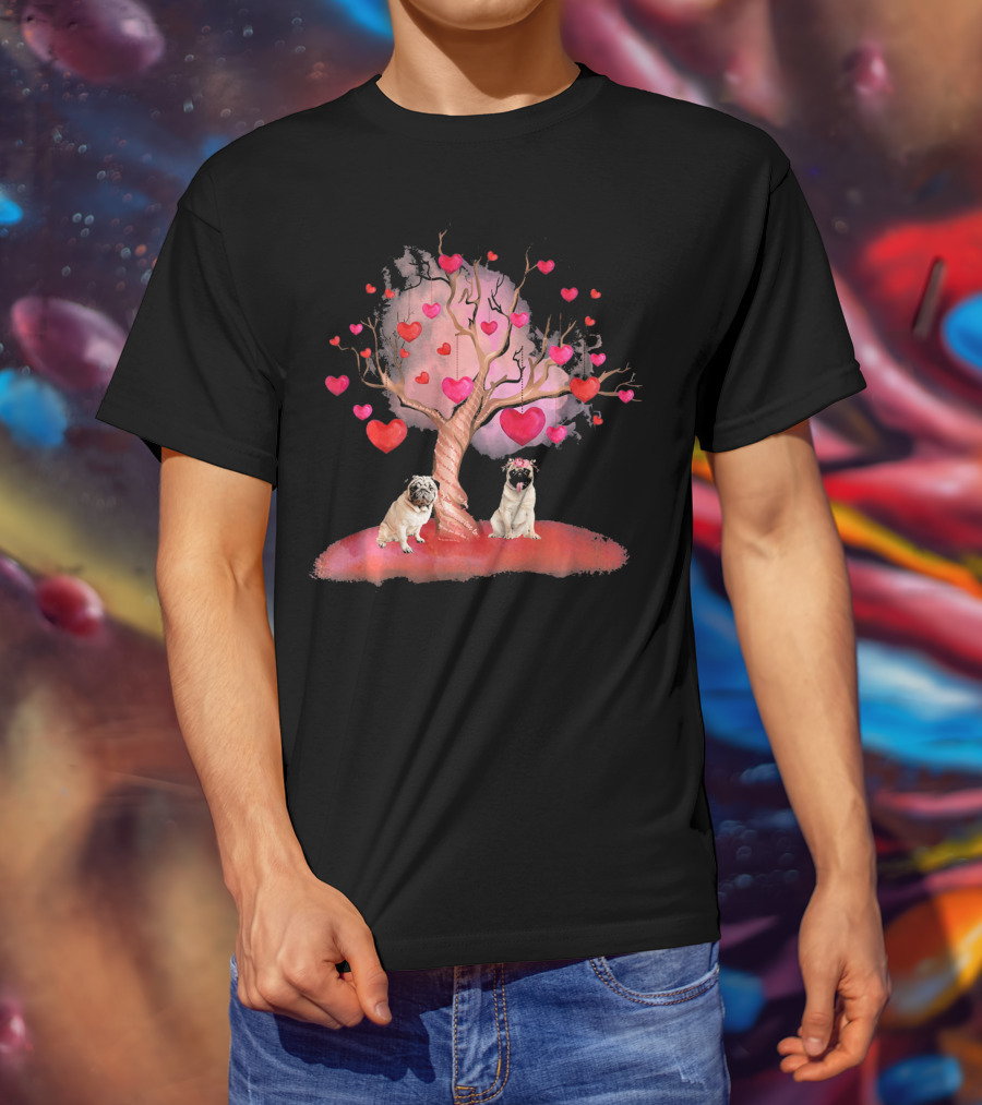 Pug Dog Heart Tree Valentine's Day Romance Bash T-Shirt