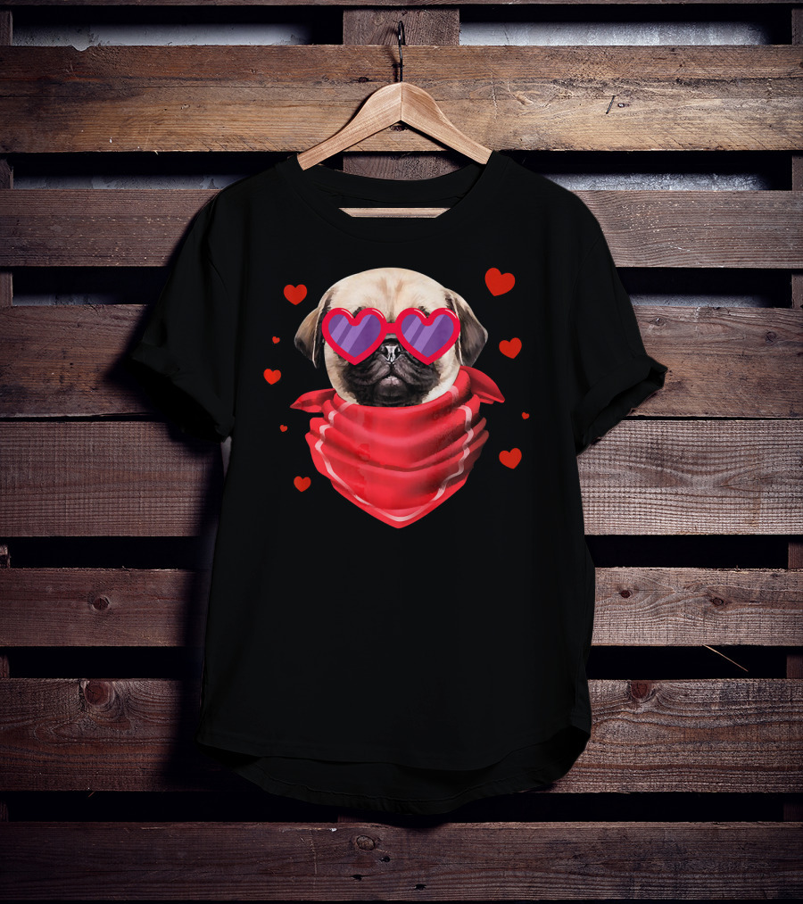 Pug Valentines Day Heart-Shaped Glasses And Bandana With Hearts T-Shirt