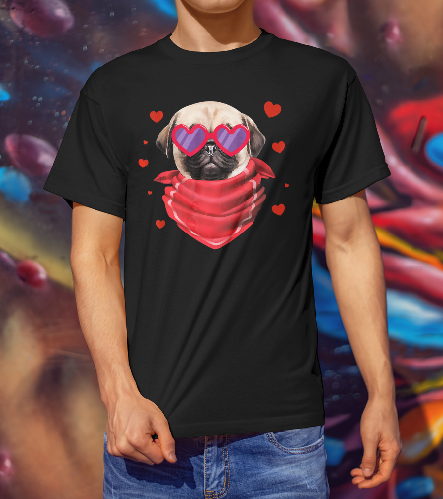 Pug Valentines Day Heart-Shaped Glasses And Bandana With Hearts T-Shirt