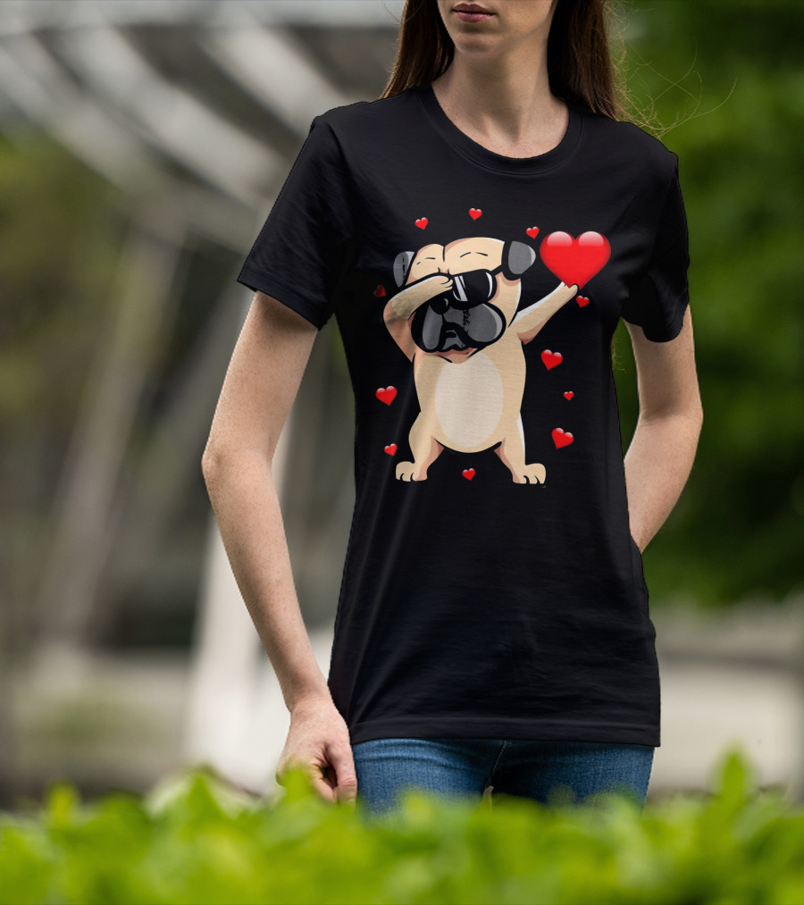 Pug Valentines Day Dabbing Love Dog With Hearts T-Shirt