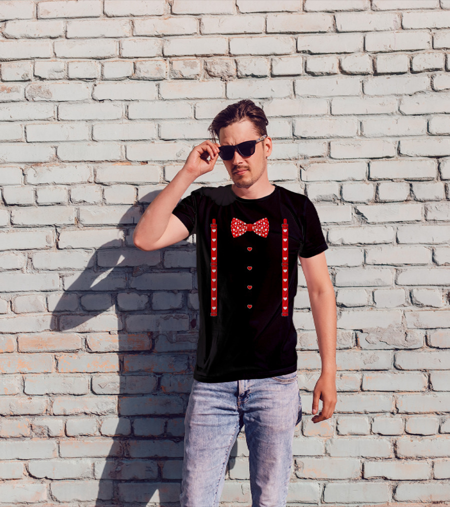 Red Hearts Bow Tie And Suspenders Valentine T-Shirt