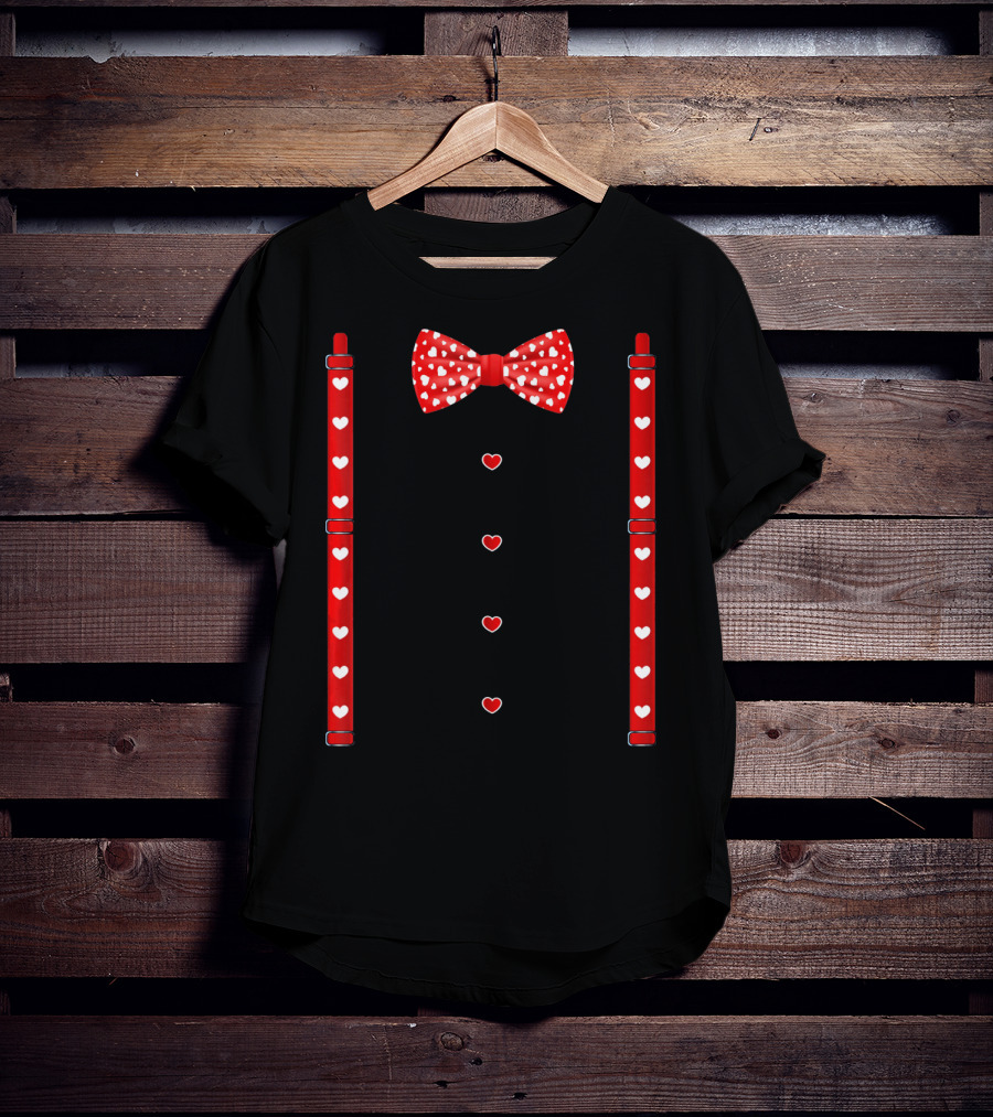 Red Hearts Bow Tie And Suspenders Valentine T-Shirt