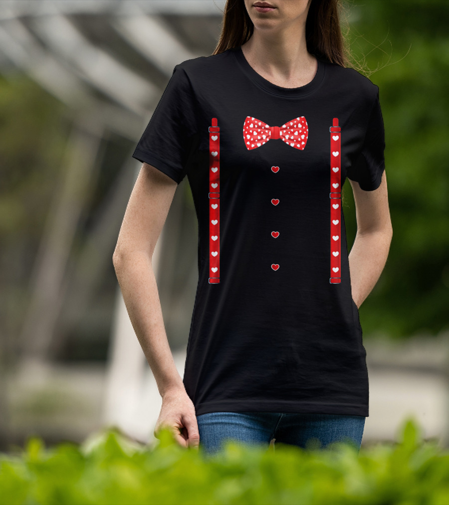 Red Hearts Bow Tie And Suspenders Valentine T-Shirt