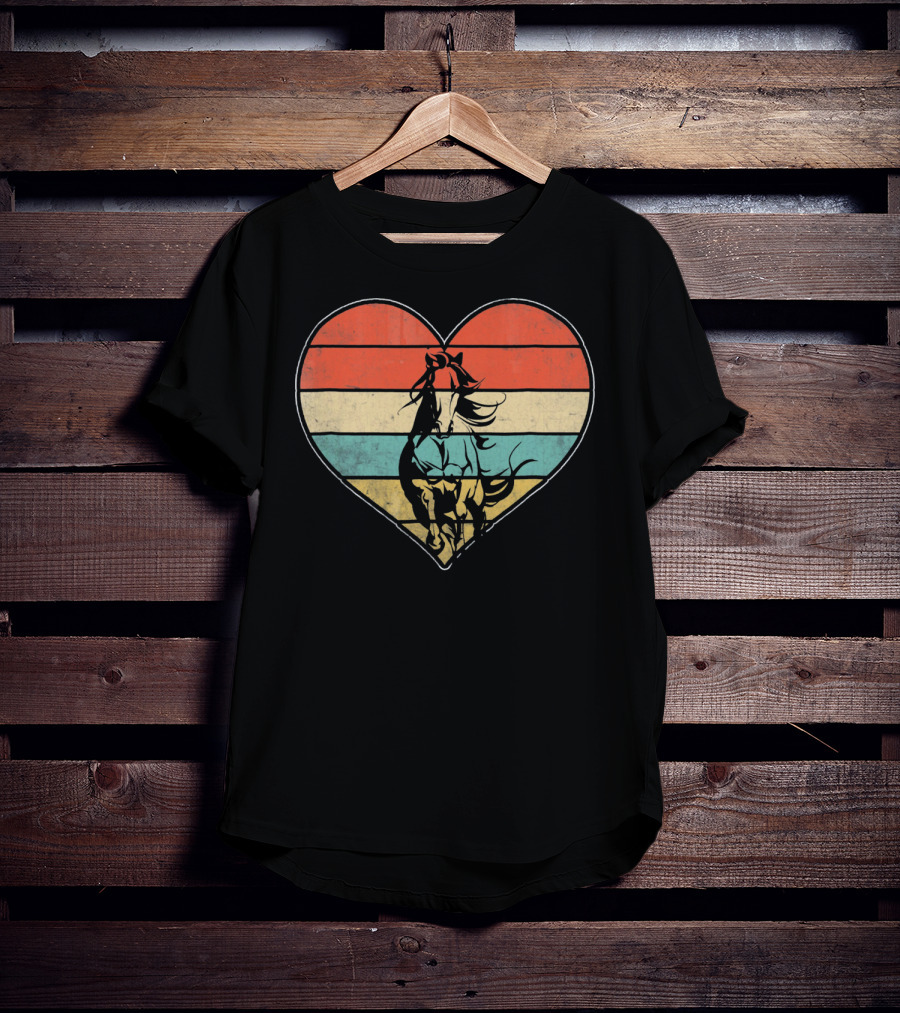 Vintage Retro Horse Heart Valentine's Day Stripes T-Shirt