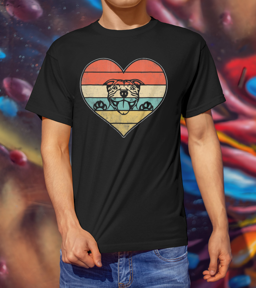 Retro Vintage Pit Bull Heart Valentine Stripes T-Shirt