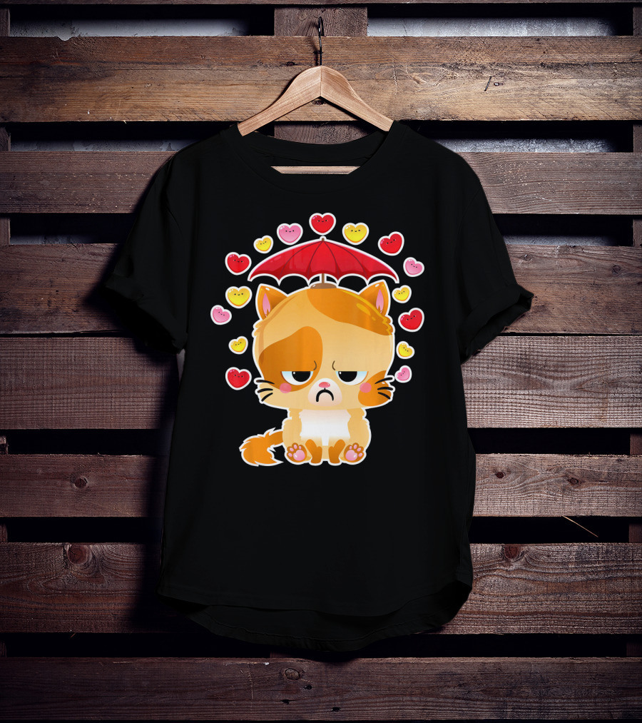 Sad Cat Under Umbrella With Raining Hearts Valentine's Day T-Shirt