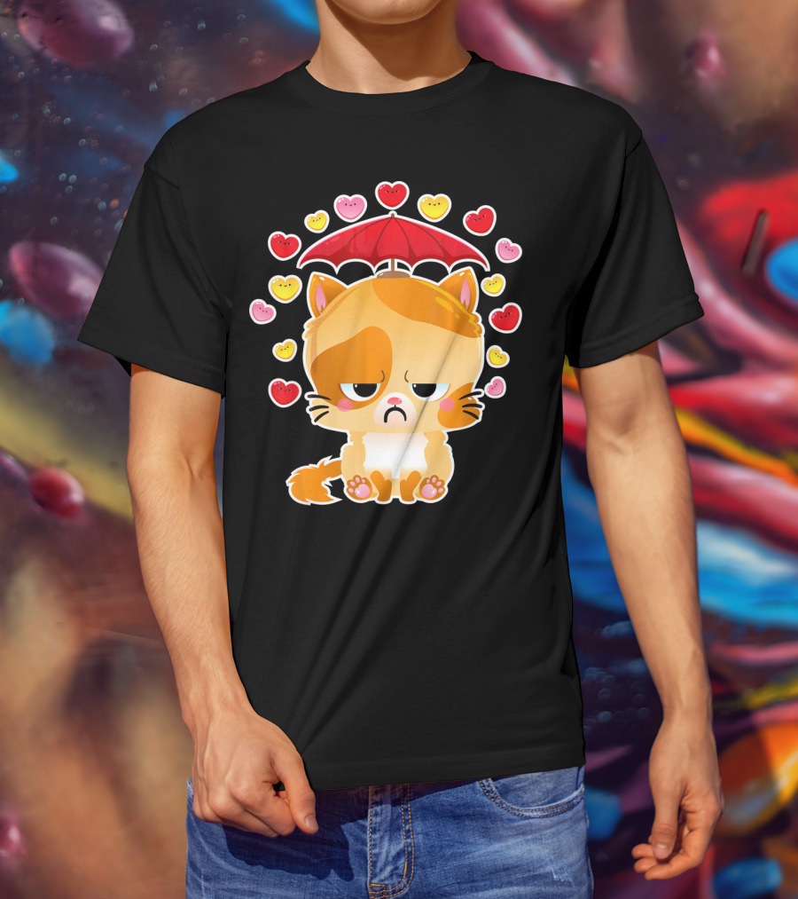 Sad Cat Under Umbrella With Raining Hearts Valentine's Day T-Shirt