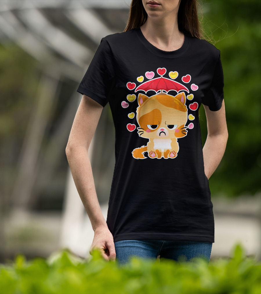 Sad Cat Under Umbrella With Raining Hearts Valentine's Day T-Shirt