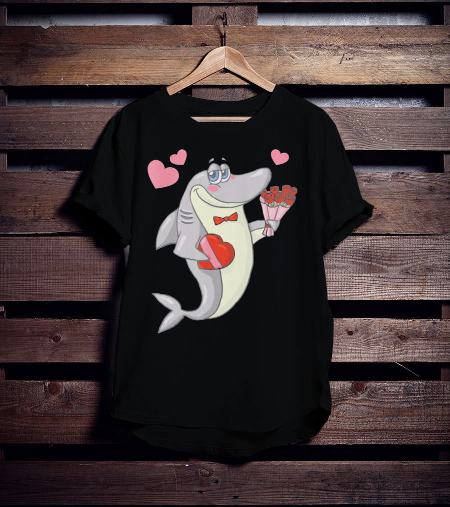 Shark Holding Heart Box And Bouquet With Hearts Valentine T-Shirt