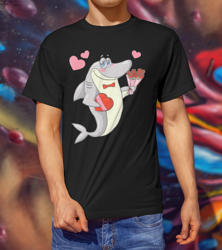 Shark Holding Heart Box And Bouquet With Hearts Valentine T-Shirt