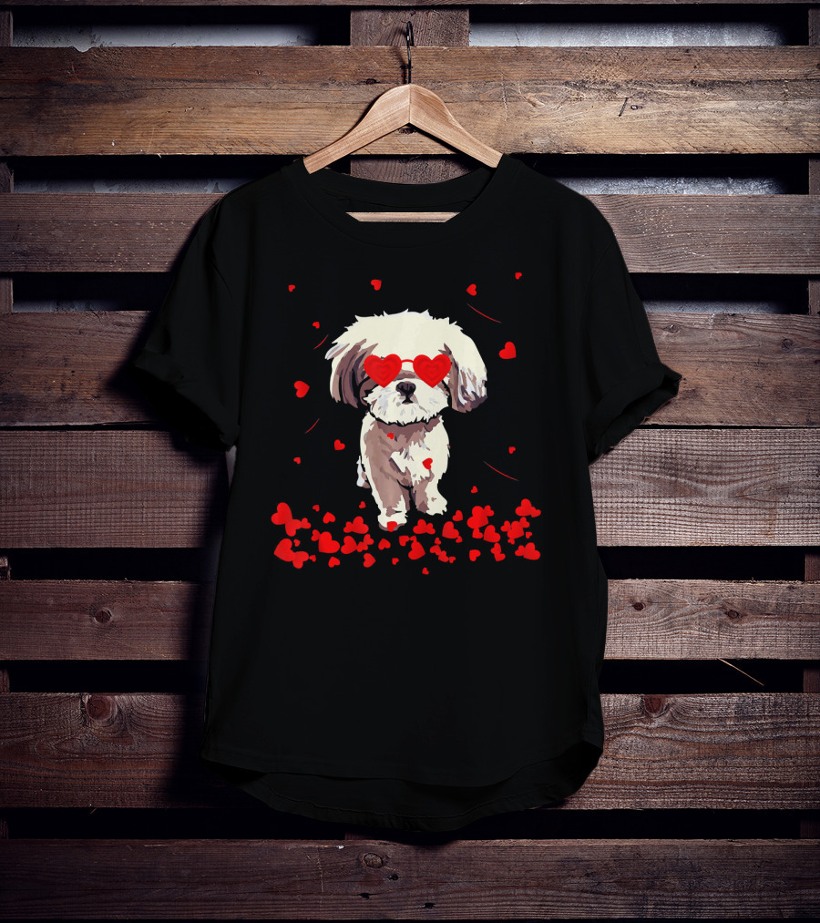 Shih Tzu Heart Valentines Day Dog With Heart Glasses Surrounded By Red Hearts T-Shirt