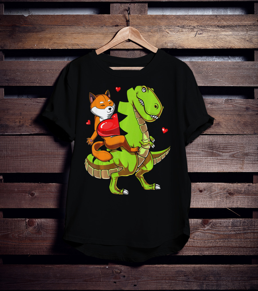 Shiba Inu Riding Green T-Rex Dinosaur With Red Hearts T-Shirt