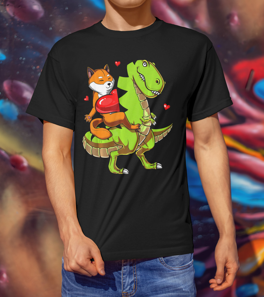 Shiba Inu Riding Green T-Rex Dinosaur With Red Hearts T-Shirt