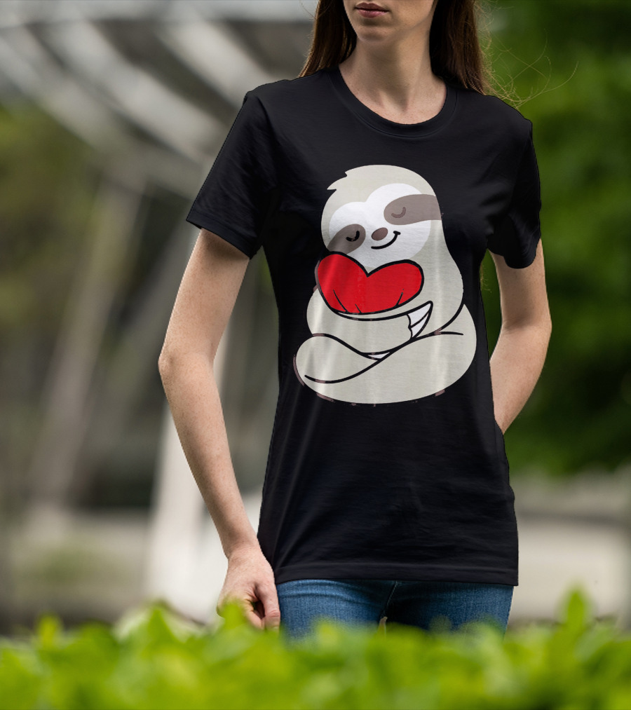 Sloth Hugging Heart Love Valentines T-Shirt