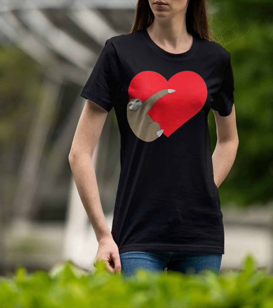 Sloth Hugging Heart Cute Pocket Va T-Shirt