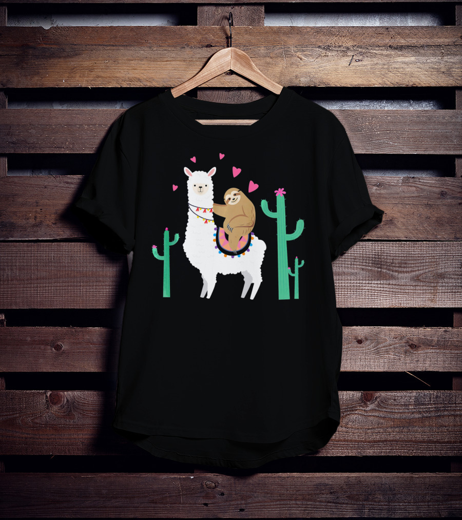 Sloth Riding Llama With Hearts And Cacti T-Shirt