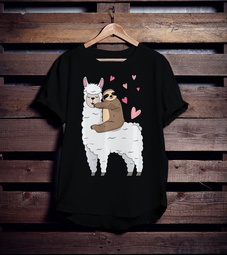 Sloth Riding Llama Cute Hearts Valentines Day T-Shirt