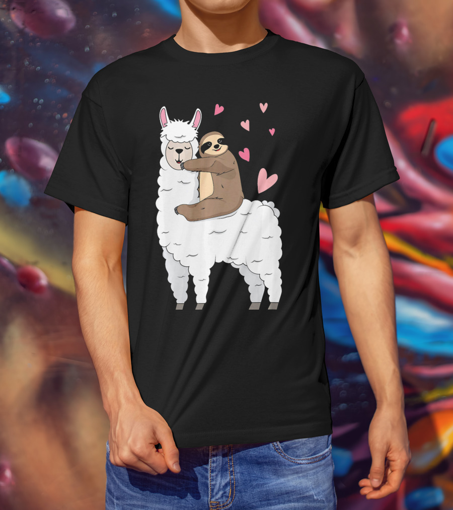 Sloth Riding Llama Cute Hearts Valentines Day T-Shirt