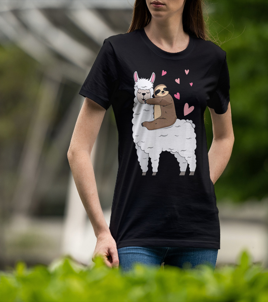 Sloth Riding Llama Cute Hearts Valentines Day T-Shirt