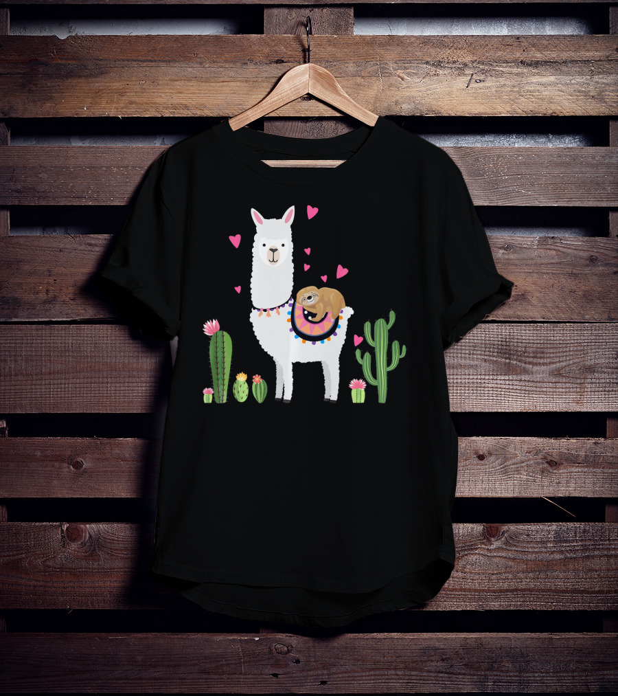 Sloth Riding Llama Heart Cactus Funny Va T-Shirt
