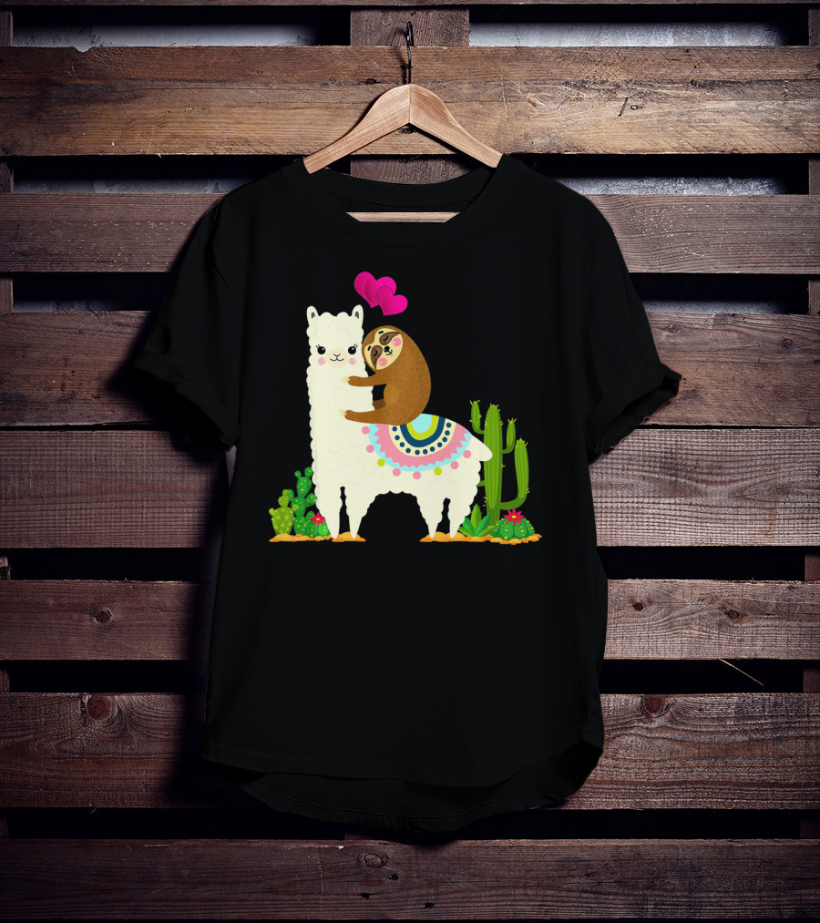 Sloth Riding Llama With Pink Hearts And Cactus Funny Valentin T-Shirt