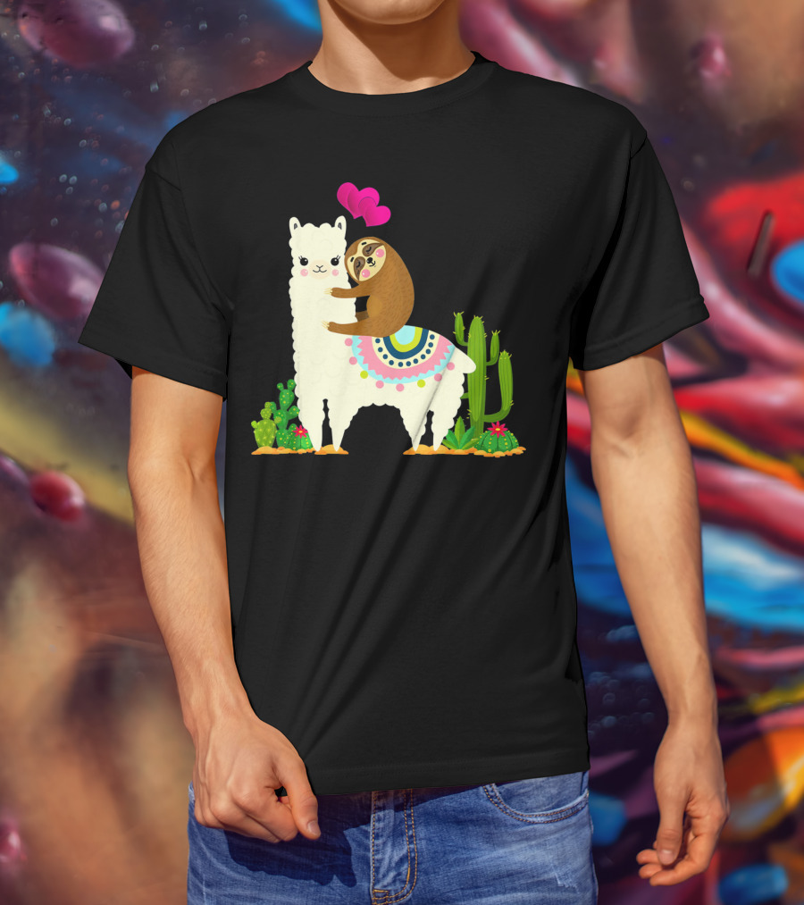Sloth Riding Llama With Pink Hearts And Cactus Funny Valentin T-Shirt