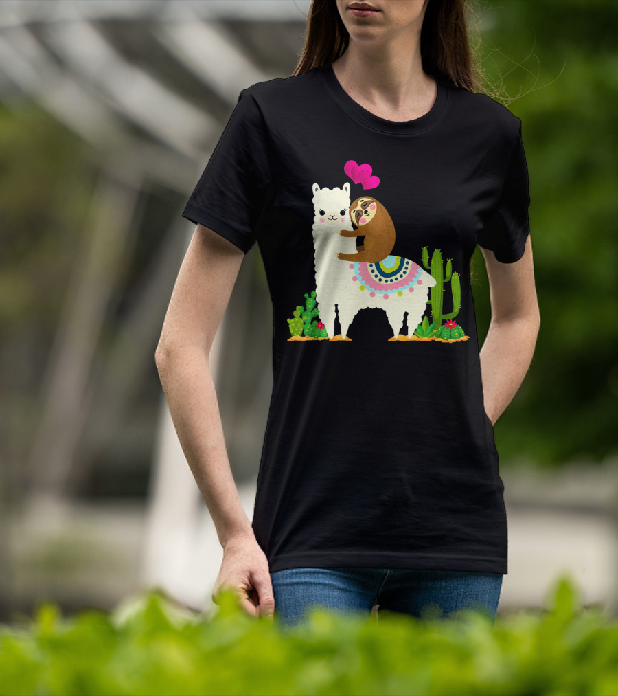 Sloth Riding Llama With Pink Hearts And Cactus Funny Valentin T-Shirt