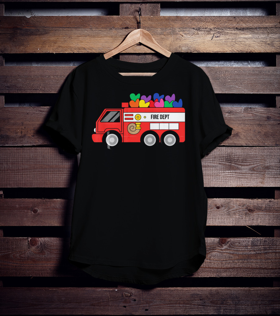 Fire Dept Valentine Hearts Sloth Fire Truck T-Shirt
