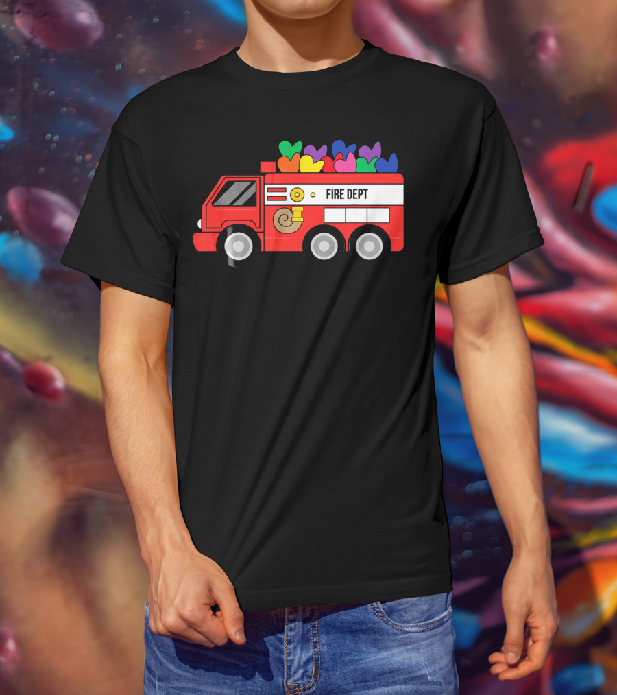 Fire Dept Valentine Hearts Sloth Fire Truck T-Shirt
