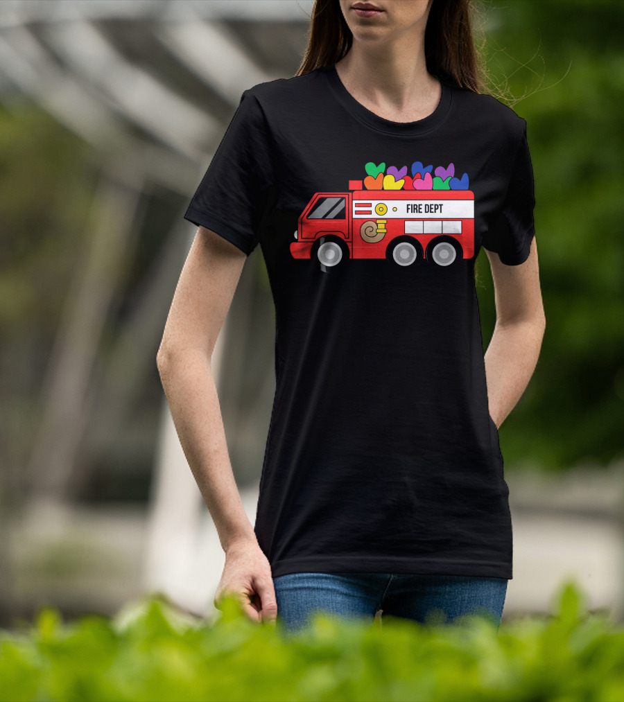 Fire Dept Valentine Hearts Sloth Fire Truck T-Shirt
