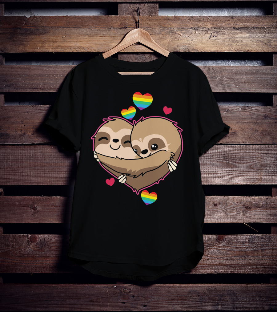 Valentines Day Sloth Heart With Rainbow Hearts T-Shirt