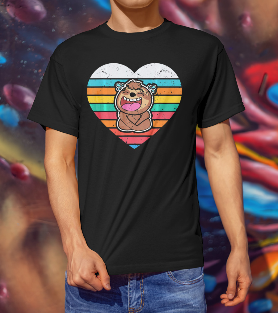 Retro Striped Laughing Sloth Heart Valentine's Day T-Shirt