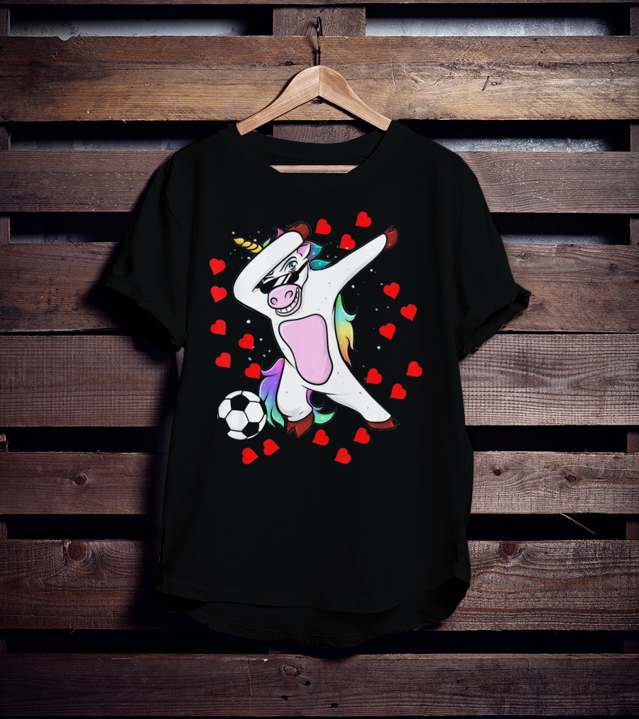Soccer Is My Valentine Unicorn Dabbing Surrounded By Hearts T-Shirt