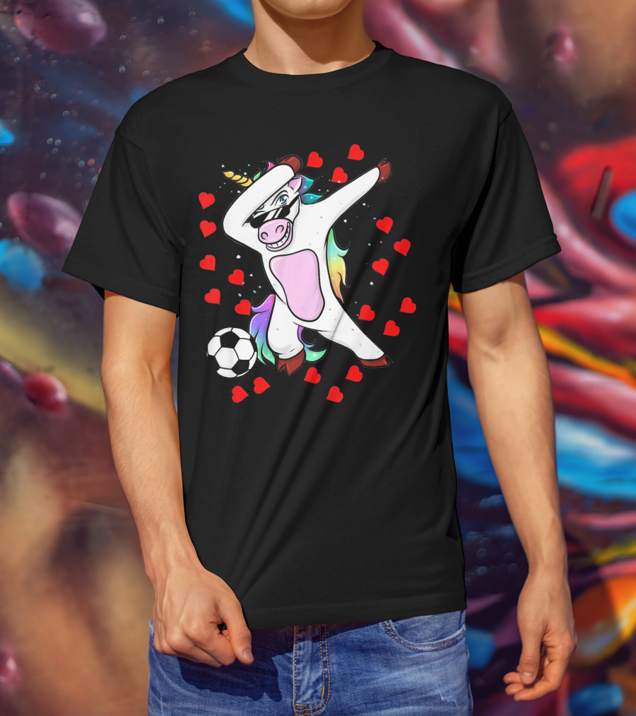 Soccer Is My Valentine Unicorn Dabbing Surrounded By Hearts T-Shirt