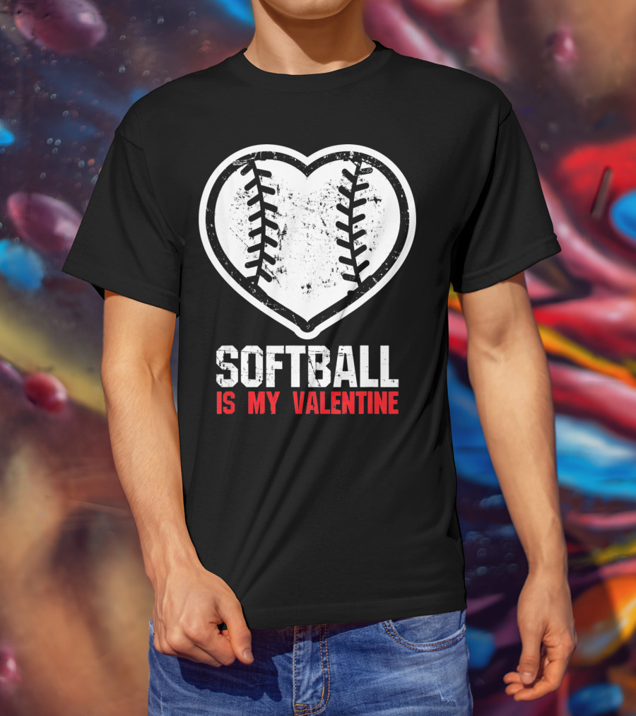 Softball Is My Valentine Heartball Stitching T-Shirt